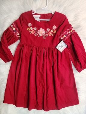 Red Embroidered Floral Long-Sleeve Dress - Bonnie Jean - Girls Size 6